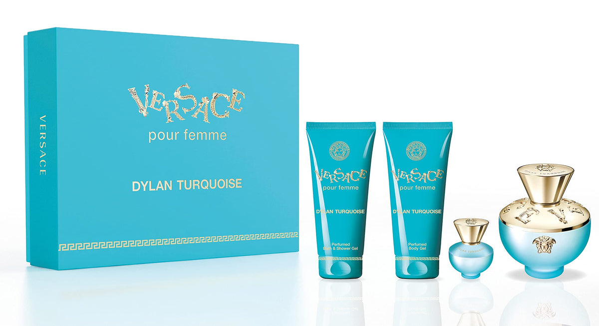 Versace Dylan Turquoise 100ml EDT Spray + 100ml Body Lotion + 100ml Shower Gel + Mini